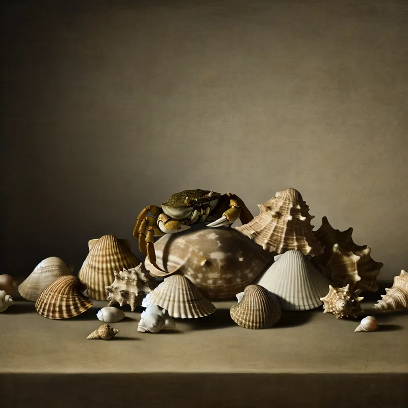 Elegante compositie van verschillende prachtige kreeft- en zeeschelpen op een gladde ondergrond, verlicht door natuurlijk licht.