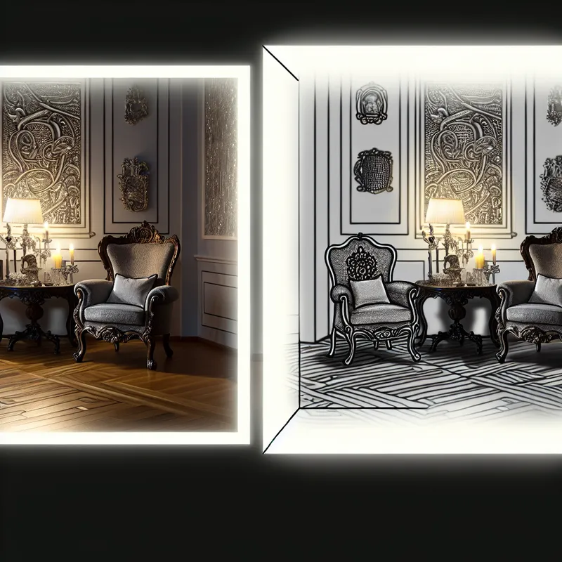 Een sfeervolle woonkamer met een elegante inrichting, schoon en opgeruimd, verlicht door kaarslicht.