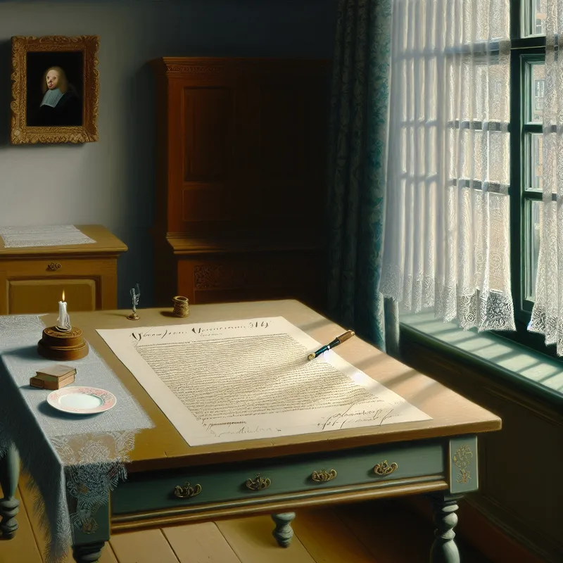 Elegante interieur met een houten tafel, open contract, en een fonteinpen, belicht door zacht diffuus licht.