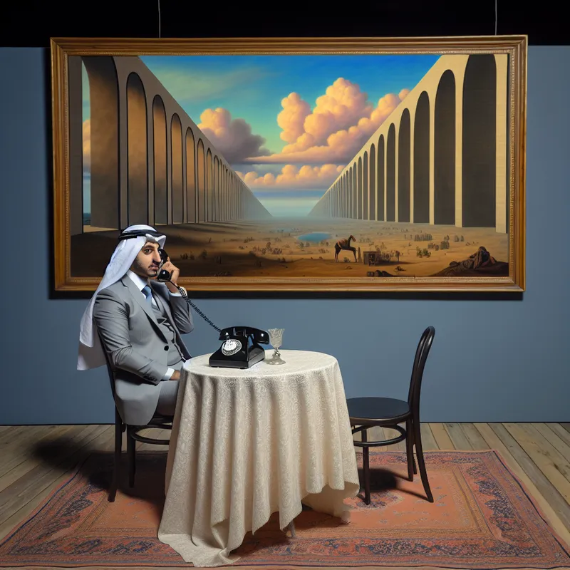 Een persoon zit aan een elegant gedekte tafel en houdt een retro telefoon aan hun oor met een serene uitdrukking, omringd door een surrealistisch landschap.