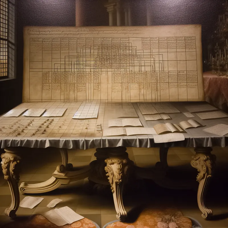 Elegant tafel met gedetailleerd schema en georganiseerde gegevens in een 17e-eeuwse Nederlandse kamer