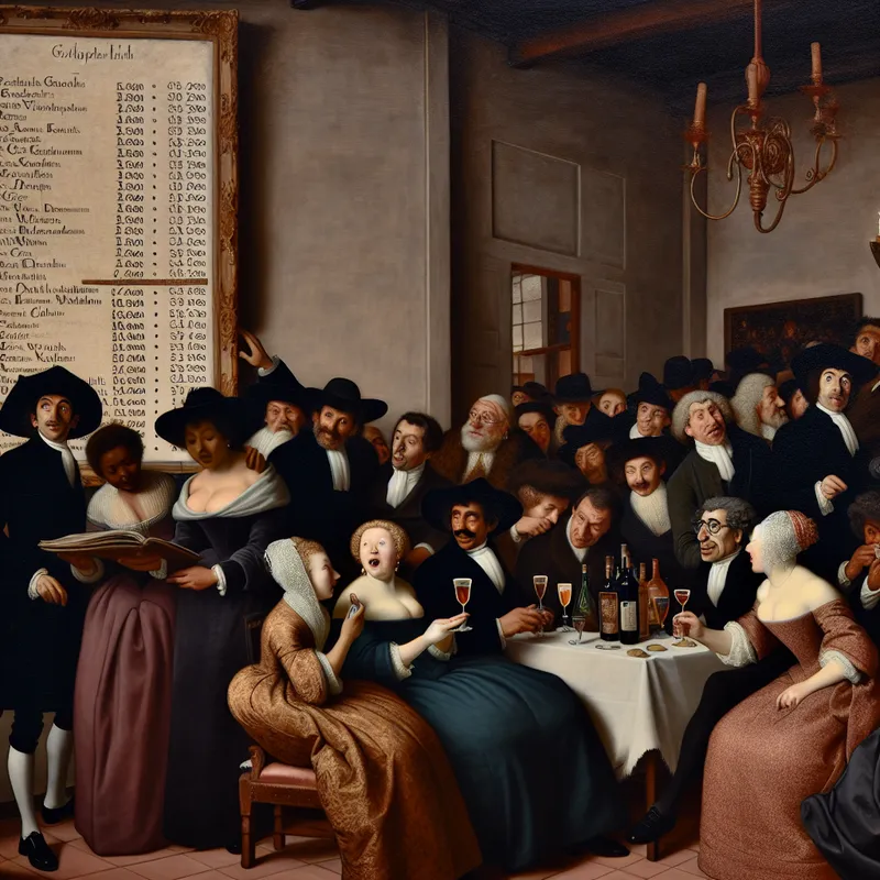 Interieur van een gezellige taverne met goed geklede gasten die een menu met hoge prijzen voor alcoholische dranken bekijken.