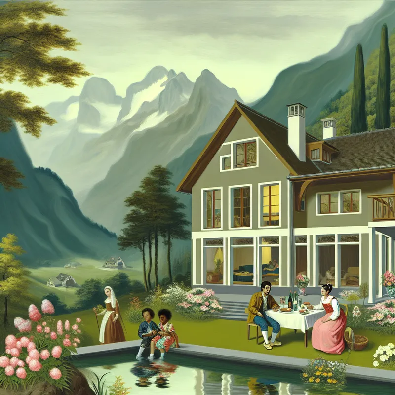 Een elegante villa omgeven door groene natuur en bloemen, met een gezin dat geniet van een maaltijd op een terras, met bergen op de achtergrond.