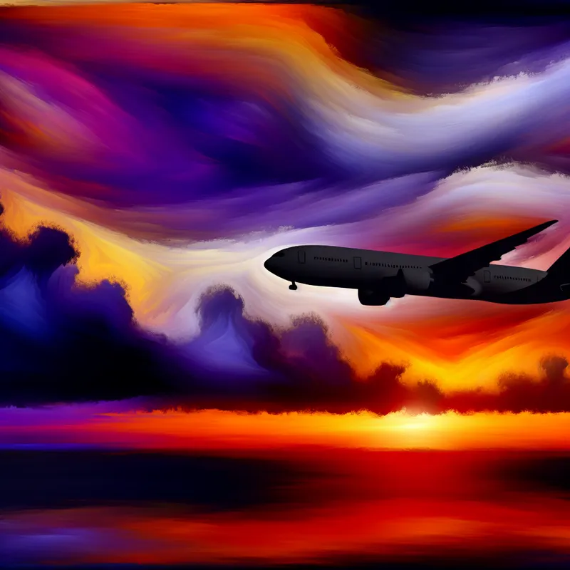 Een elegante vliegtuig scheert snel boven een dramatische horizon tijdens de schemering, met een silhouet van het vliegtuig tegen een kleurrijke zonsondergang.