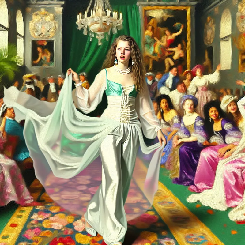 Een jongedame arriveert op een elegante feestelijke bijeenkomst, gekleed in een stijlvol en fris outfit, te midden van een levendige Barokke setting.