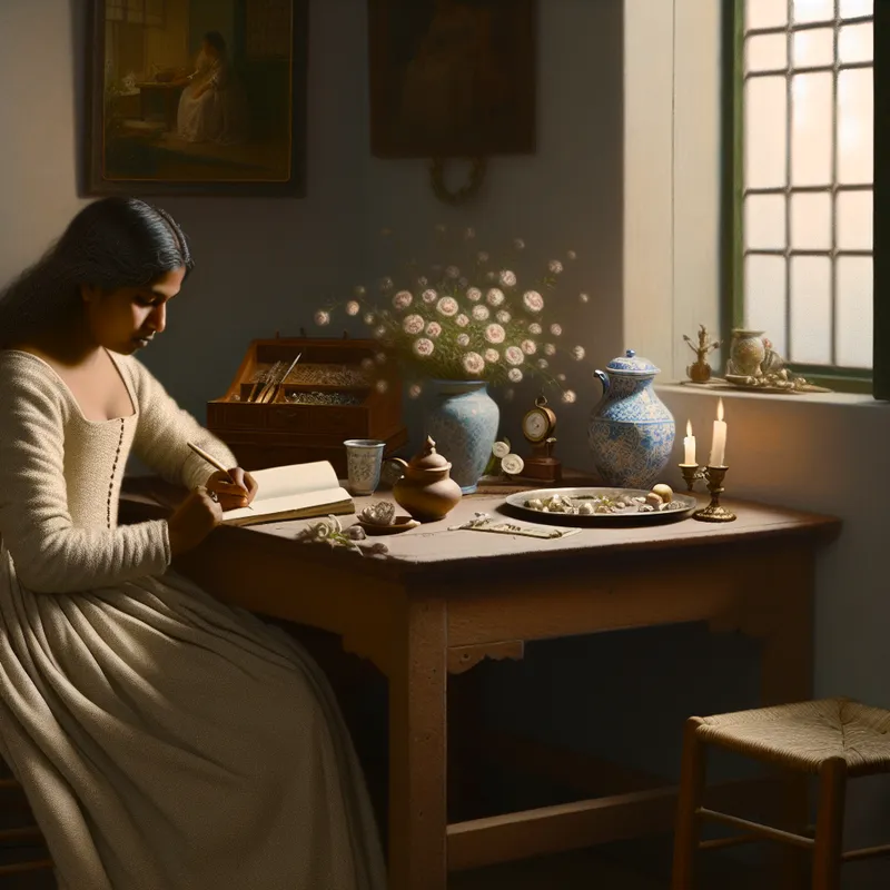 Een vrouw in een sfeervol verlichte kamer, schrijvend in een notitieboekje, met een serene blik en omringd door zorgvuldig gecategoriseerde objecten.