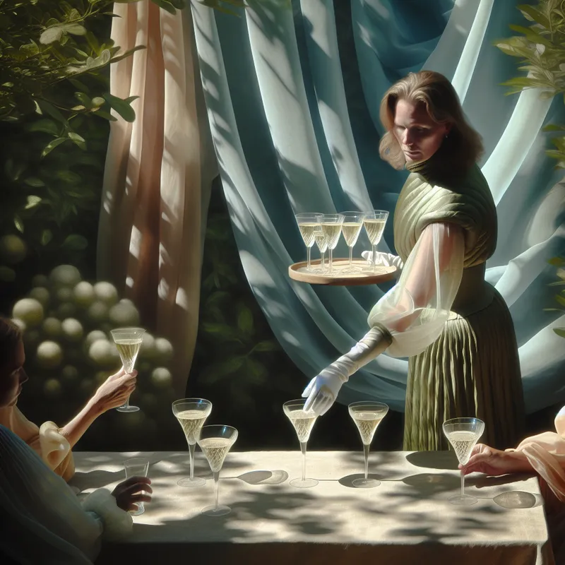 Een vrouw serveert elegant glazen champagne op een serene tuinfeest, met zachte kleuren en een luchtige sfeer.