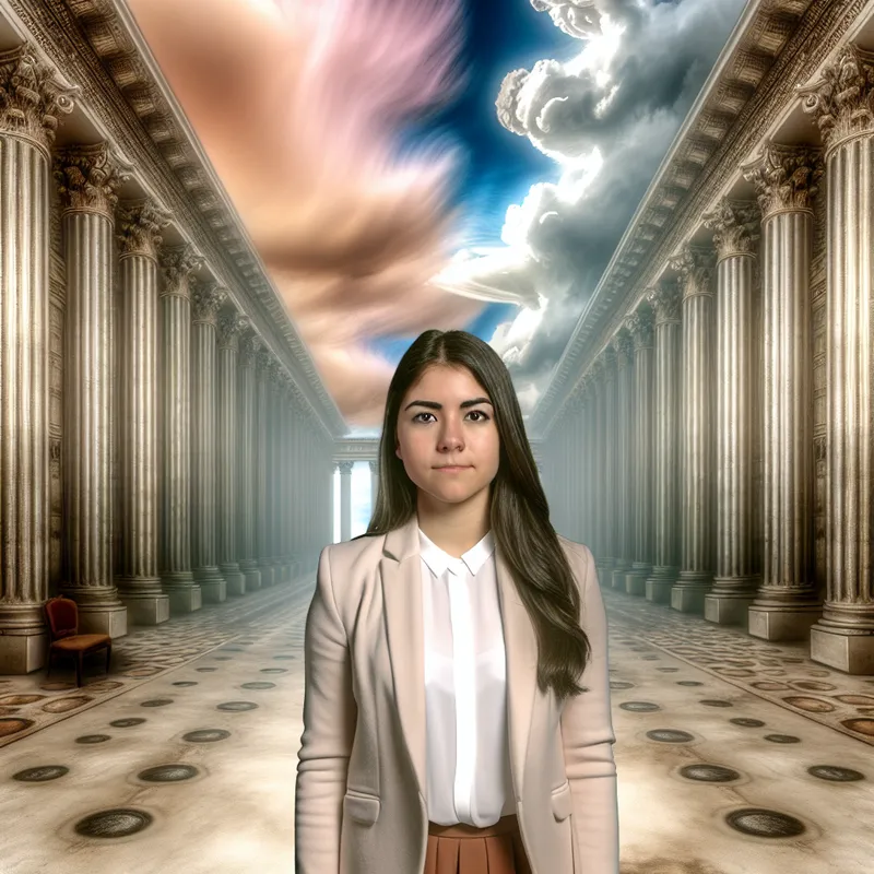 Portretfoto van een jonge vrouw in een elegante jurk, staande tegen een surrealistische architecturale achtergrond.