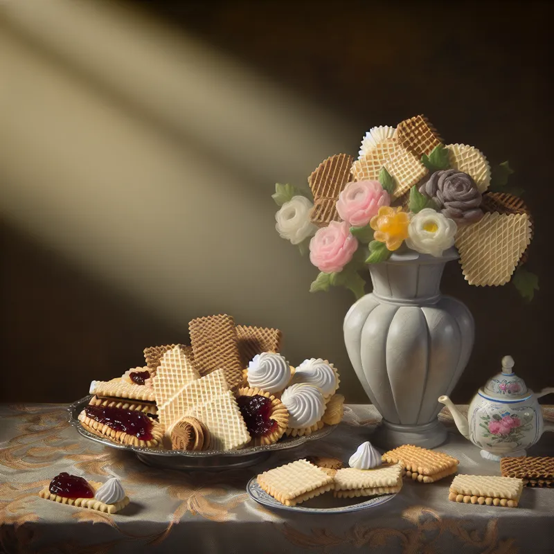 Een artistiek ingericht stillleven met wafels en koekjes op een prachtig gedekte tafel.