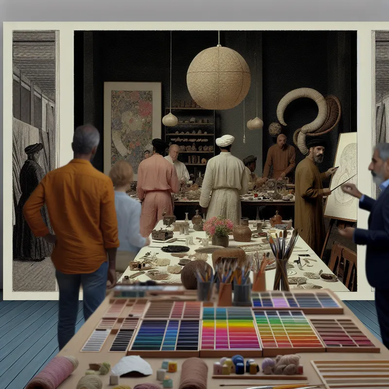 Een elegaante workshopsetting met zorgvuldig gerangschikte materialen en een aandachtige directeur naast een presentatiebord.