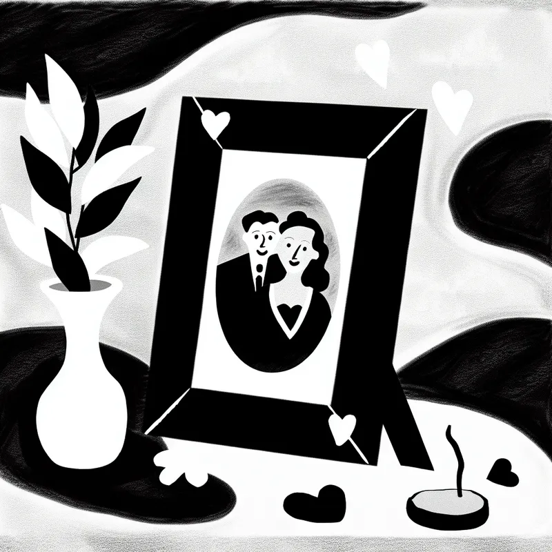 Minimalistische zwart-wit afbeelding van een vintage foto van een stel in een zwart kader, omgeven door harten en sterren.
