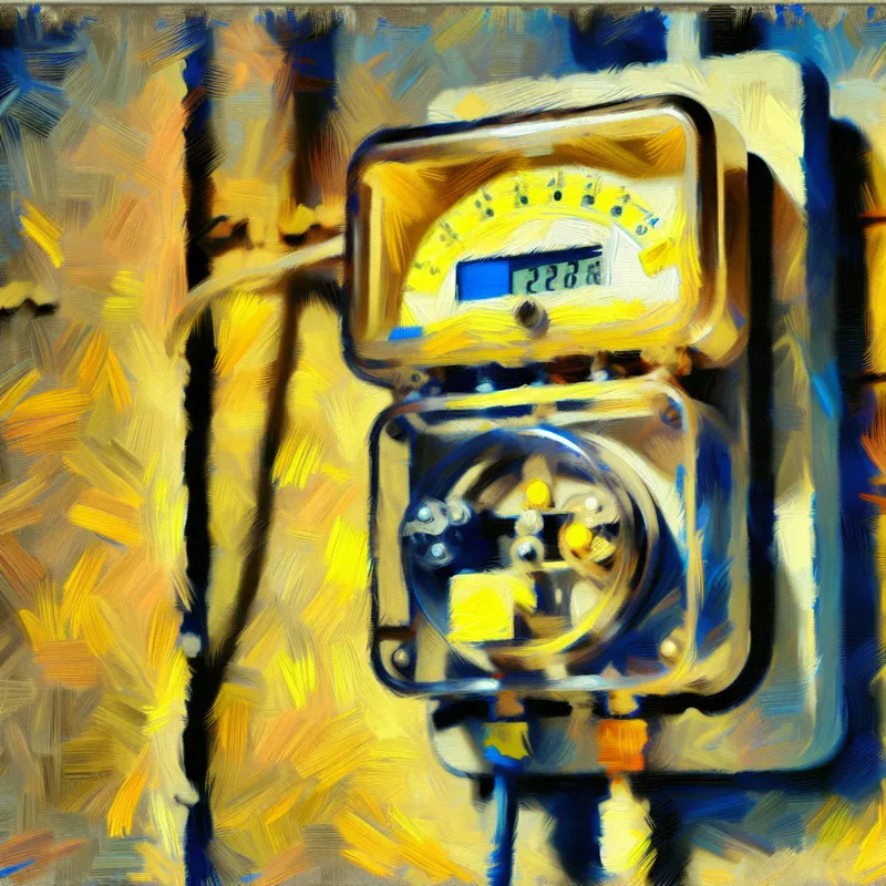 Detailed Van Gogh-stijl illustratie van een elektriciteitsmeter aan de muur in een schemerige technische ruimte, met zichtbare energieverbruiksweergave en bedrading