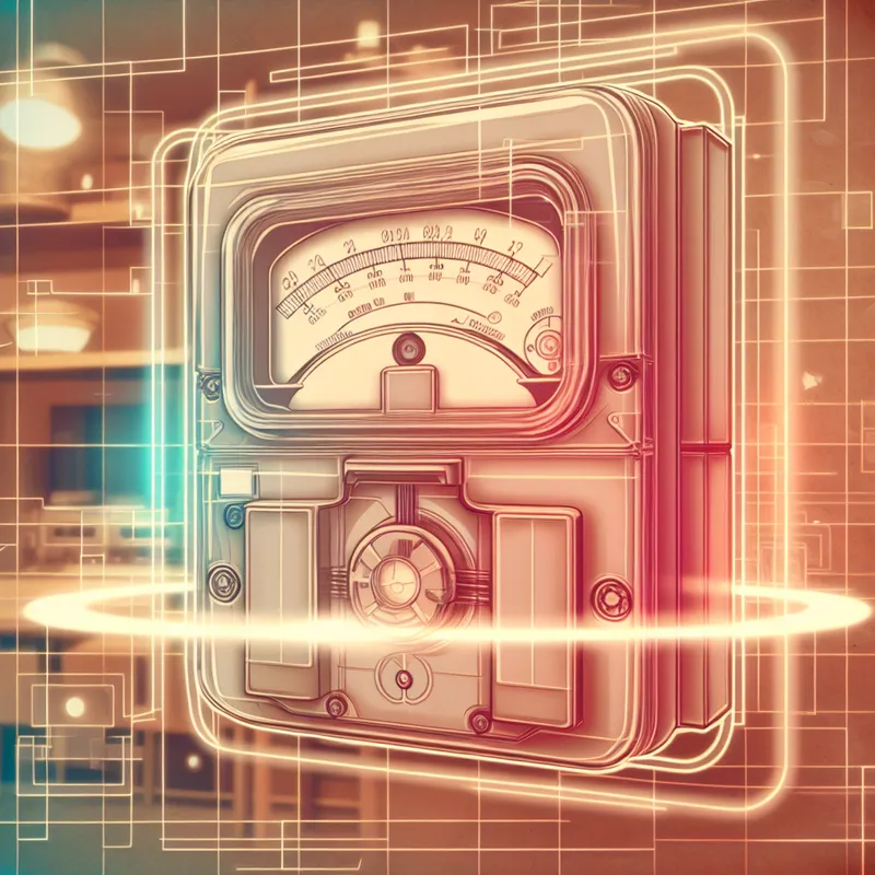 Retro-futuristische illustratie van een elektrische meter met duidelijke wijzerplaten en cijfers, ontworpen in vintage industriële stijl