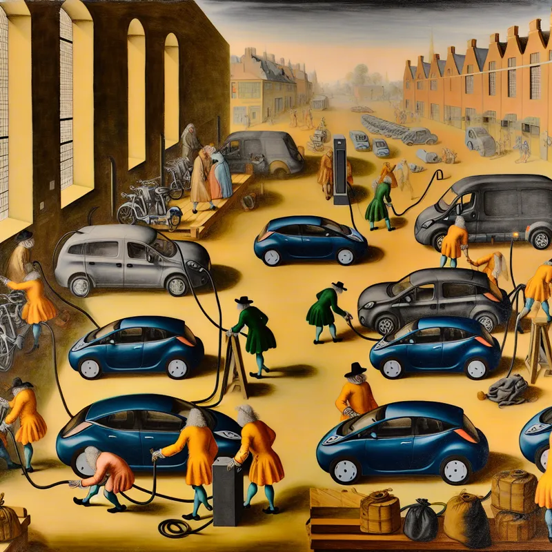 Dynamisch schilderij in de stijl van Frans Hals van een gemeentelijk depot met elektrische voertuigen en actieve medewerkers in een levendige omgeving