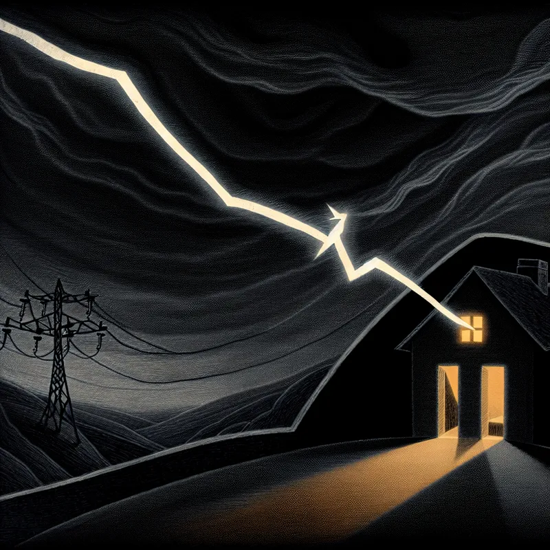 Illustratie van een elektrische draad die van een krachtcentrale naar een verlicht huis strekt, met een duistere achtergrond en een romantische sfeer.
