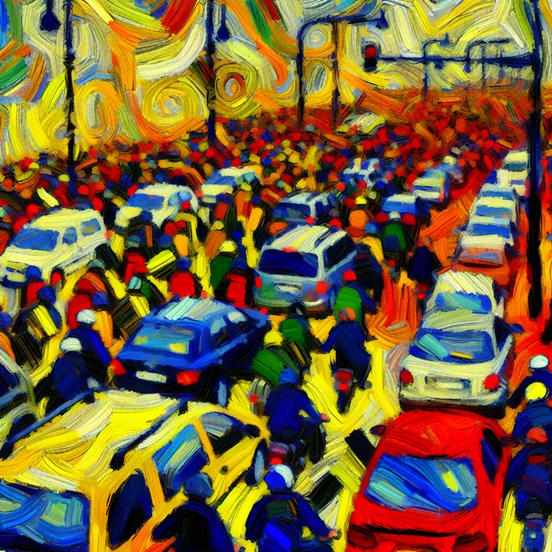 Abstracte stadsgezicht met chaotisch verkeer tijdens spitsuur, geschilderd in expressieve stijl met gefrustreerde forenzen in file