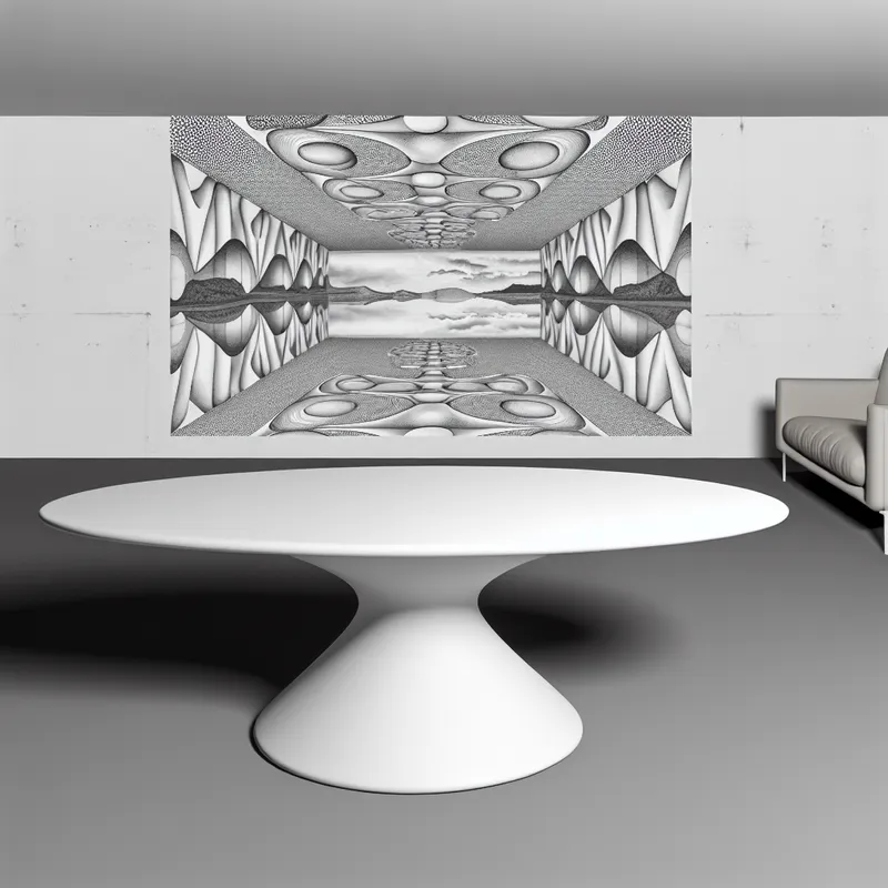 Een ellipsoïde tafel in een modern interieur met abstracte geometrische vormen op de achtergrond.