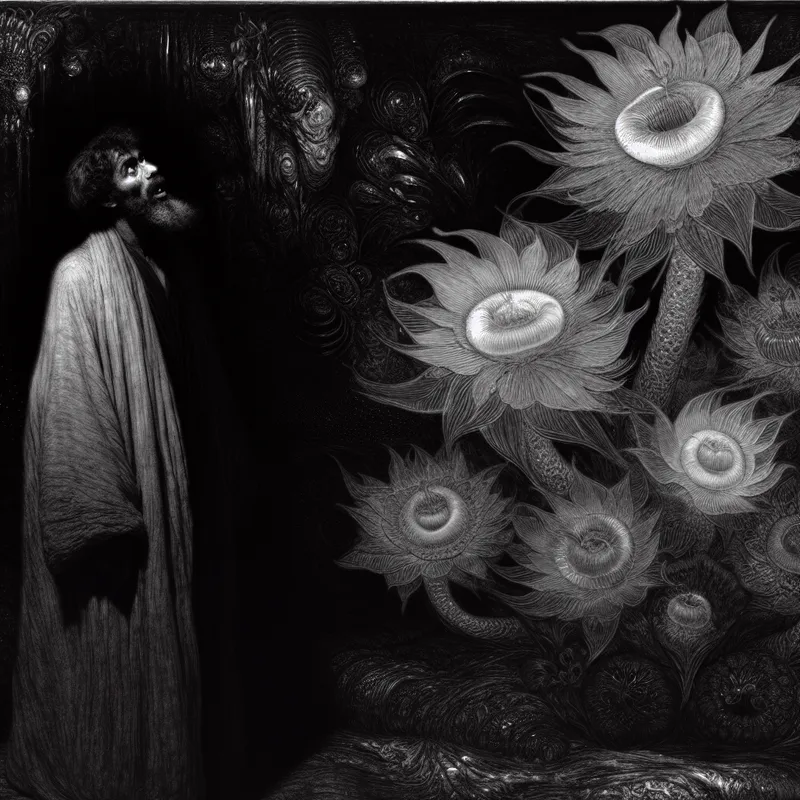 Persoon in donkere setting kijkt vol verbazing en bewondering naar een surrealistisch boeket van gloeiende, buitengewone bloemen met een etherische uitstraling