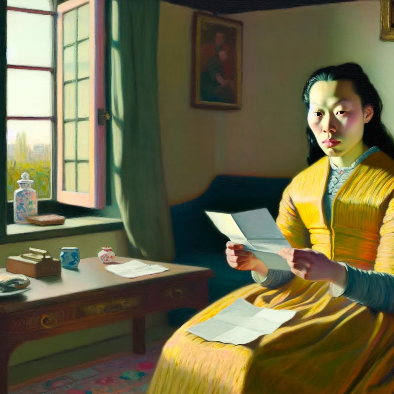 Een persoon zit rustig in een sfeervolle kamer en leest een brief met verontrustend nieuws zonder emotionele reactie.