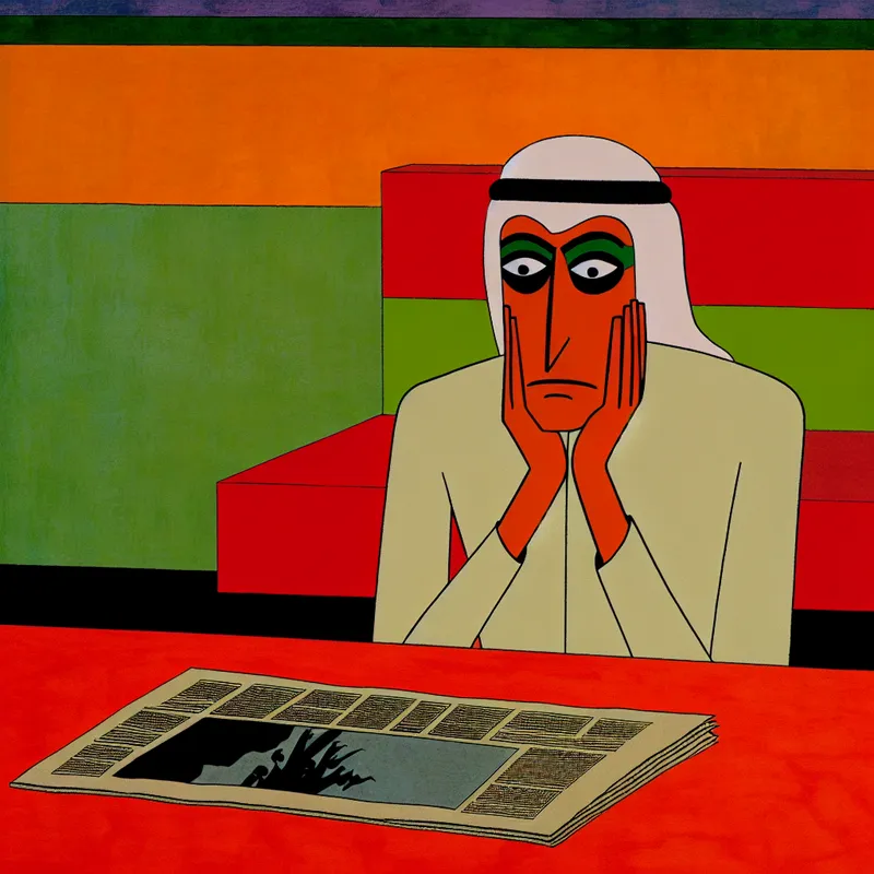 Een minimalistische afbeelding van een persoon die aan een tafel zit en een krant leest met een vlakke, koele uitdrukking op hun gezicht.