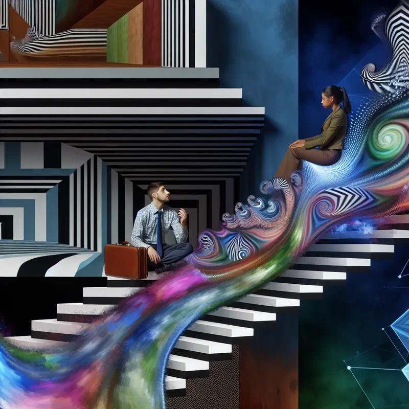 Surrealistisch beeld van een persoon op een geometrische trap, in gesprek met een vriend, terwijl kleurrijke emotionele vormen naar beneden vloeien.