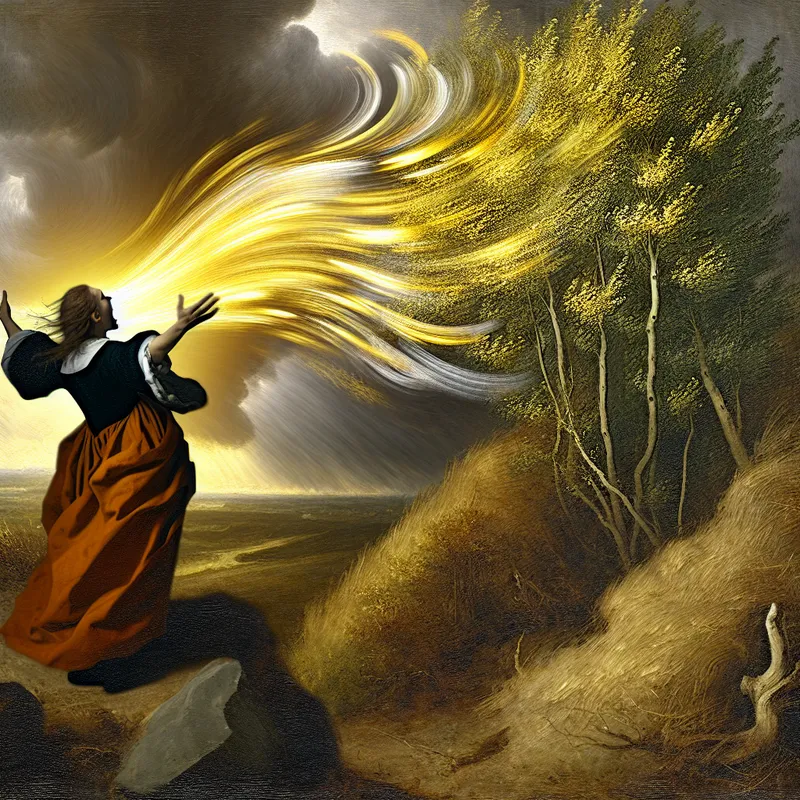 17e-eeuws Hollands landschap met persoon die emoties uit door armen wijd te spreiden en te schreeuwen onder een dramatische lucht met stormachtige wolken