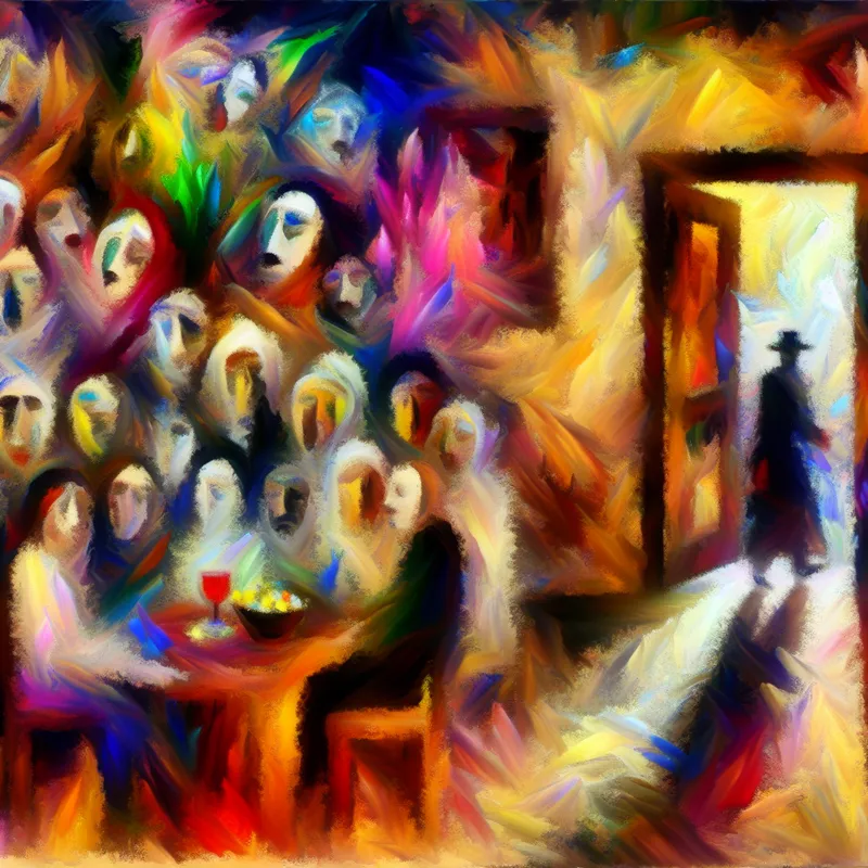 Abstract expressionistisch schilderij van een familie in een schemerige kamer, met gemengde emoties van verdriet en liefde, en een silhouet van een vertrekkend figuur.