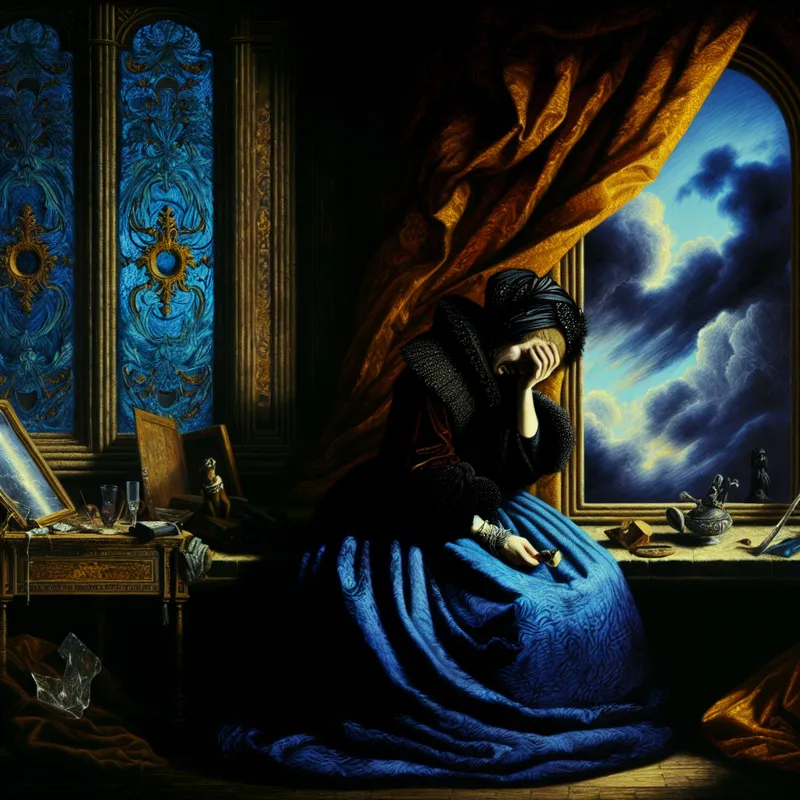 Barokke schilderij van een diepbedroefde vrouw in een weelderige kamer, met tranen en symbolen van emotionele pijn zoals een gebroken spiegel