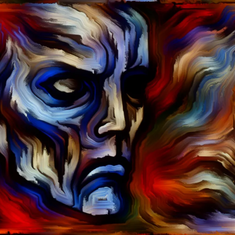 Abstract portret van een emotioneel gekwetst persoon met expressieve penseelstreken in diepe kleuren, symboliserend pijn en afwijzing