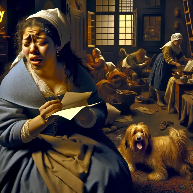 Vrouw in 17e-eeuwse setting met tranen in haar ogen, geraakt door een brief of boek, omringd door alledaagse drukte