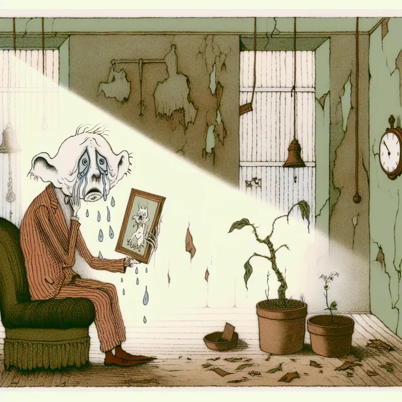 Cartoonfiguur in stijl van Marten Toonder zit verdrietig maar hoopvol in een fauteuil met een foto van een overleden hond, omringd door symbolen van emotioneel herstel