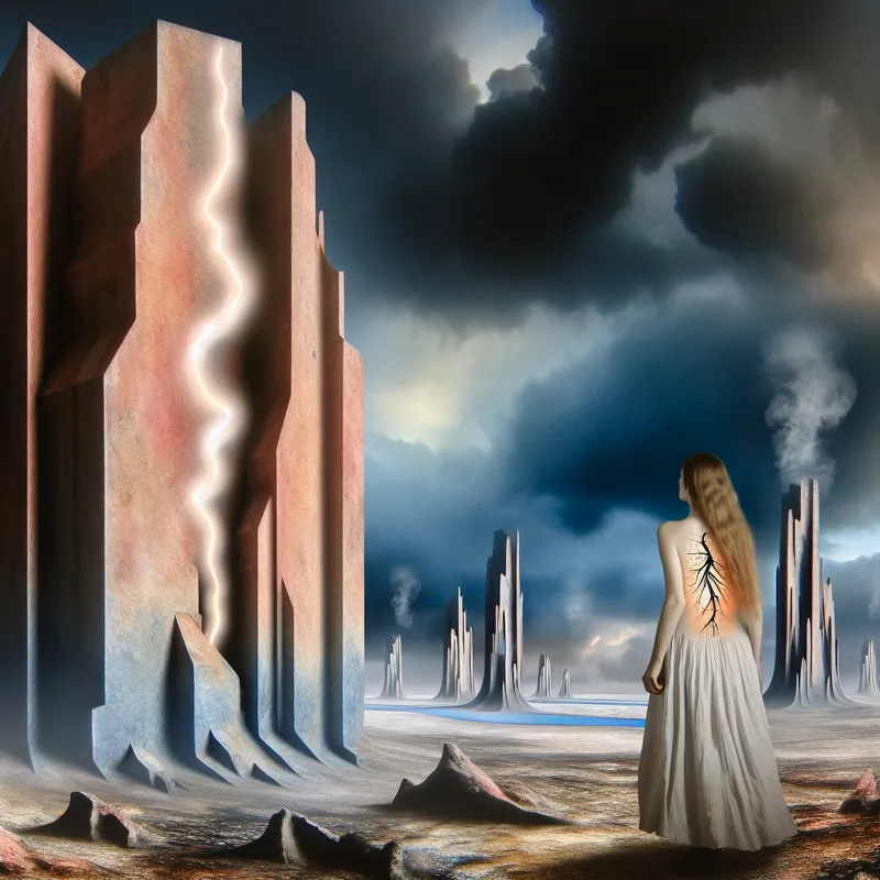 Een vrouw met een gloeiend litteken op haar hart staat met haar rug naar de kijker in een desolate omgeving.