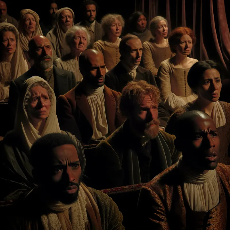 Een emotioneel aangrijpende scène in een theater met een diverse groep publiek die intens naar een film kijkt