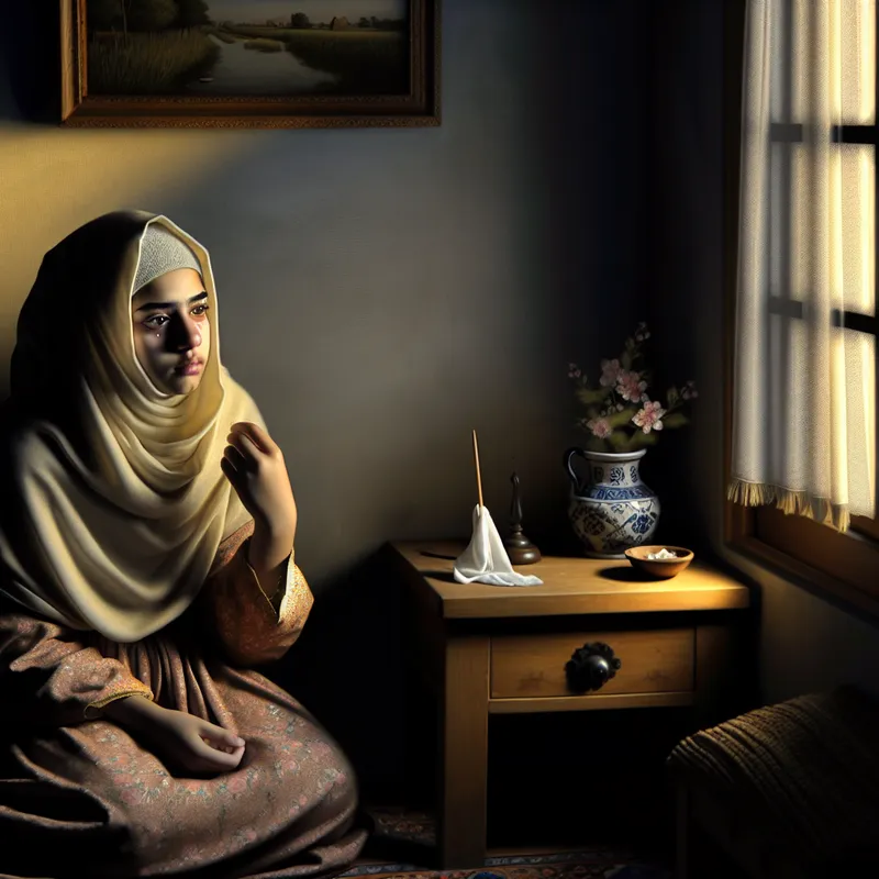 Jonge vrouw in stil verdriet, zittend in een zacht verlichte kamer met een zakdoek in haar hand, emotioneel geraakt door een verhaal