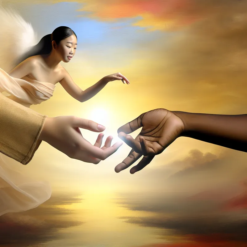 Twee handen die elkaar raken, symboliserend comfort en emotionele verbinding in een prachtige zonsondergang.