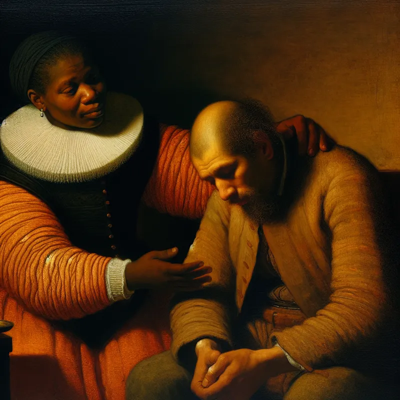 Wijze coach biedt emotionele begeleiding aan persoon in intieme setting met dramatische belichting