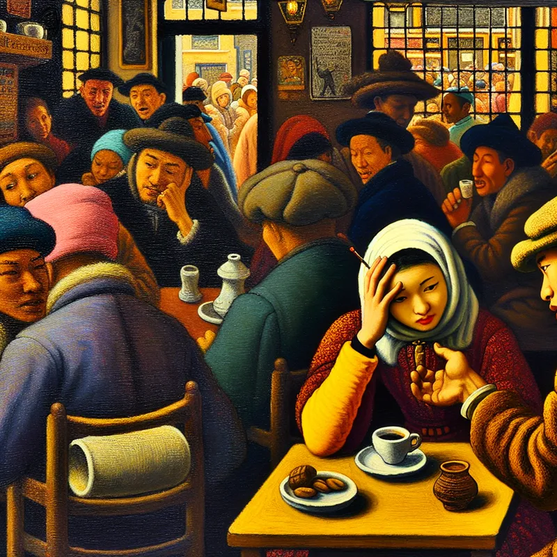 Een jonge vrouw in een café die zichtbaar van streek is tijdens een gesprek met een vriend over een ruzie, omringd door levendige gesprekken van andere gasten.