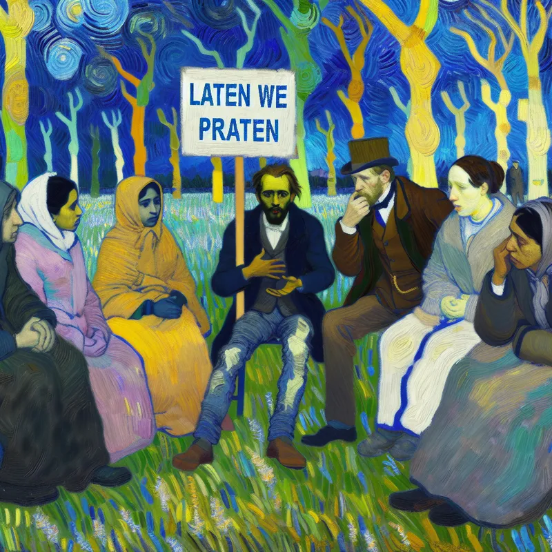 Groep diverse mensen in een park die betrokken zijn bij een emotionele discussie over zelfmoordpreventie. Eén persoon houdt een bord met 'Laten We Praten'.