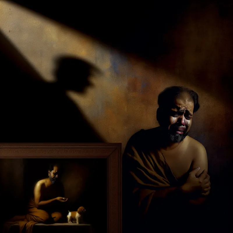 Een triestige persoon in een donker verlichte kamer, zijn gezicht vertoont verdriet en zijn ogen zijn vol tranen, met een schaduw op de muur erachter.