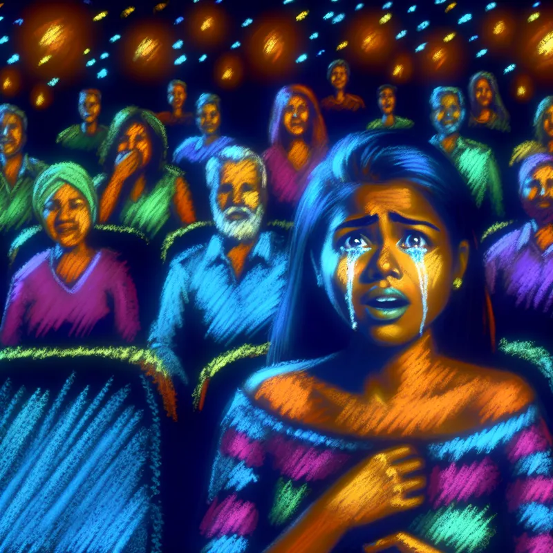 Jonge vrouw met tranen in haar ogen tijdens een emotionele filmvertoning in een donkere bioscoop, omgeven door andere reagerende kijkers.