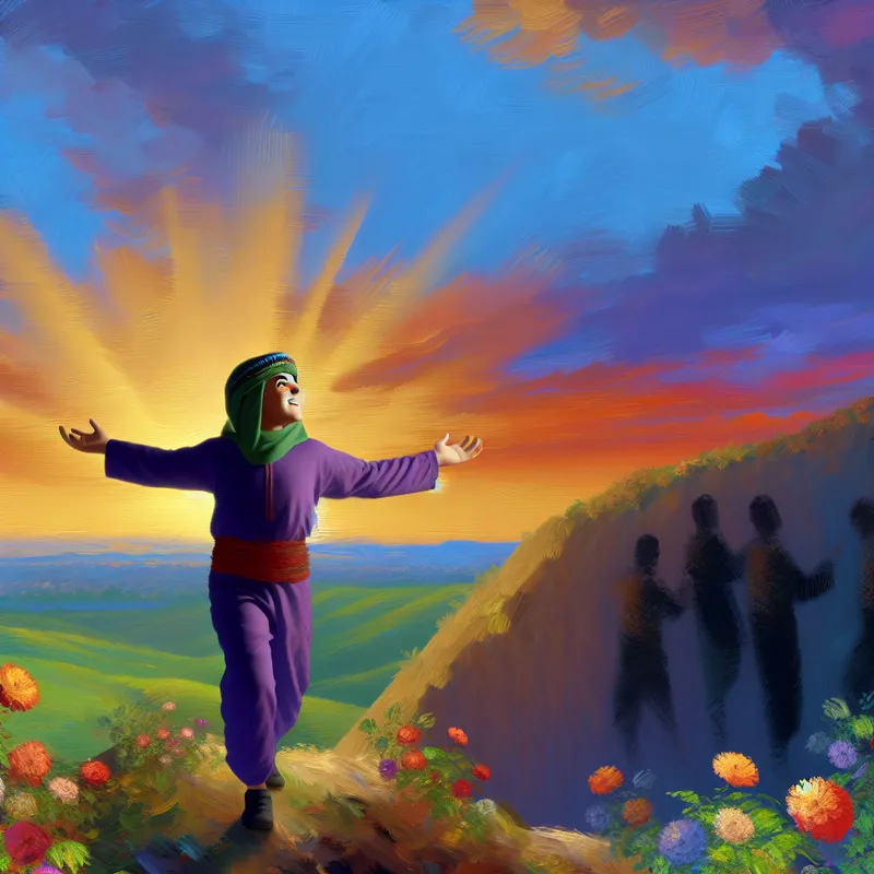 Jong persoon op een groene heuvel bij zonsopgang, uitgestrekte armen, omringd door bloemen, met schaduwachtige figuren op de achtergrond.