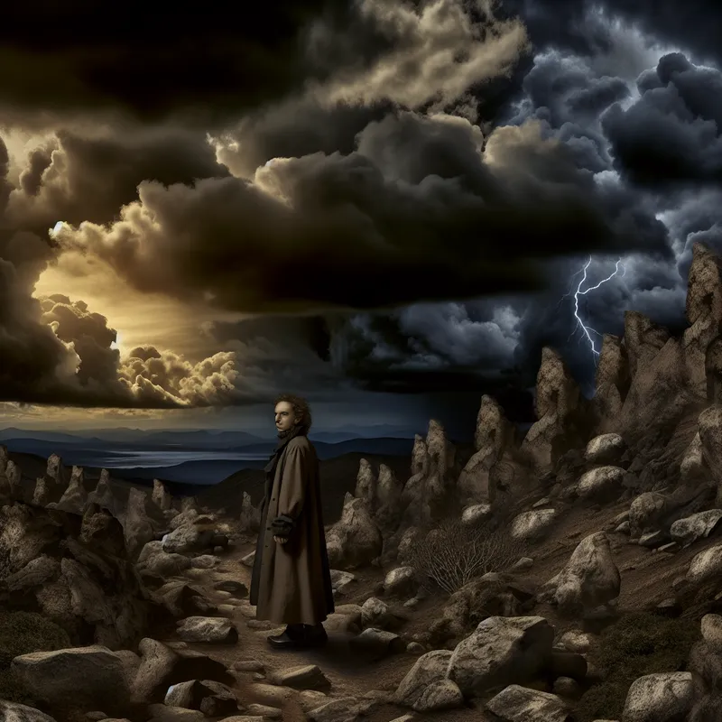 Een eenzame figuur in een dor, rotsachtig landschap, kijkend naar een bewolkte lucht, symboliserend emotionele hardheid.