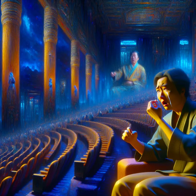 Een hyper-realistische en surrealistische afbeelding van een persoon die alleen zit in een majestueuze bioscoopzaal, met tranen op hun gezicht terwijl ze naar een emotionele film kijken.