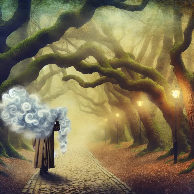 Illustratie van een persoon die een zware emotionele last draagt, weergegeven als een donkere, wervelende mantel van wolken en spookachtige kettingen, terwijl hij door een mistig bos loopt in een sprookjesachtige stijl