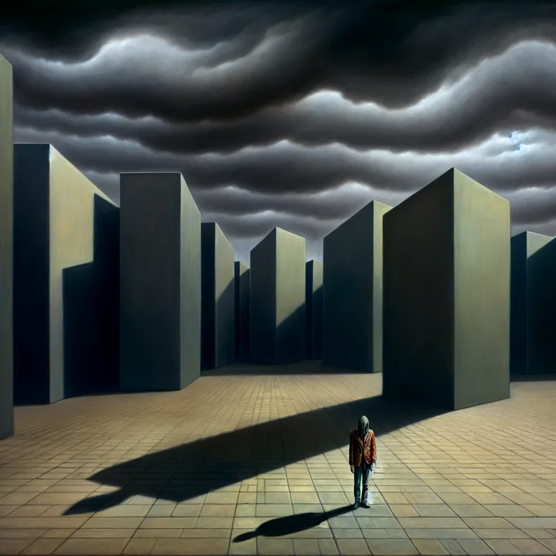 Eenzaam persoon met onzichtbare last in verlaten stadsplein, symboliserend ernstige emotionele of mentale problemen