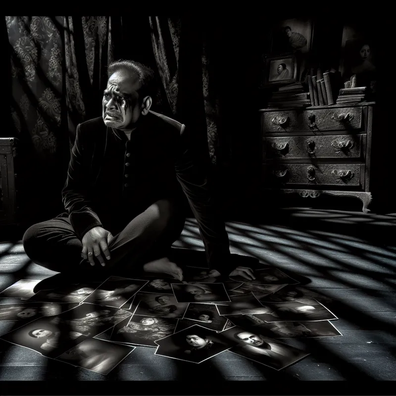 Een emotionele man zit alleen in een schemerige kamer, omringd door oude foto's op de grond, met een uitdrukking van nostalgie en verdriet.