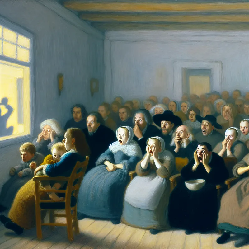 Een groep mensen met zichtbare angst en ontzetting terwijl ze naar een filmprojectie kijken die verontrustende beelden op de muur toont.