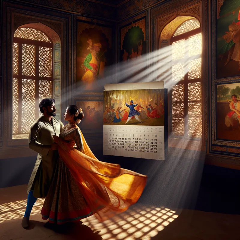 Een emotionele reünie tussen een stel in een Barokke setting, omarmend na een lange scheiding, omringd door warme kleuren en zachte draperieën.