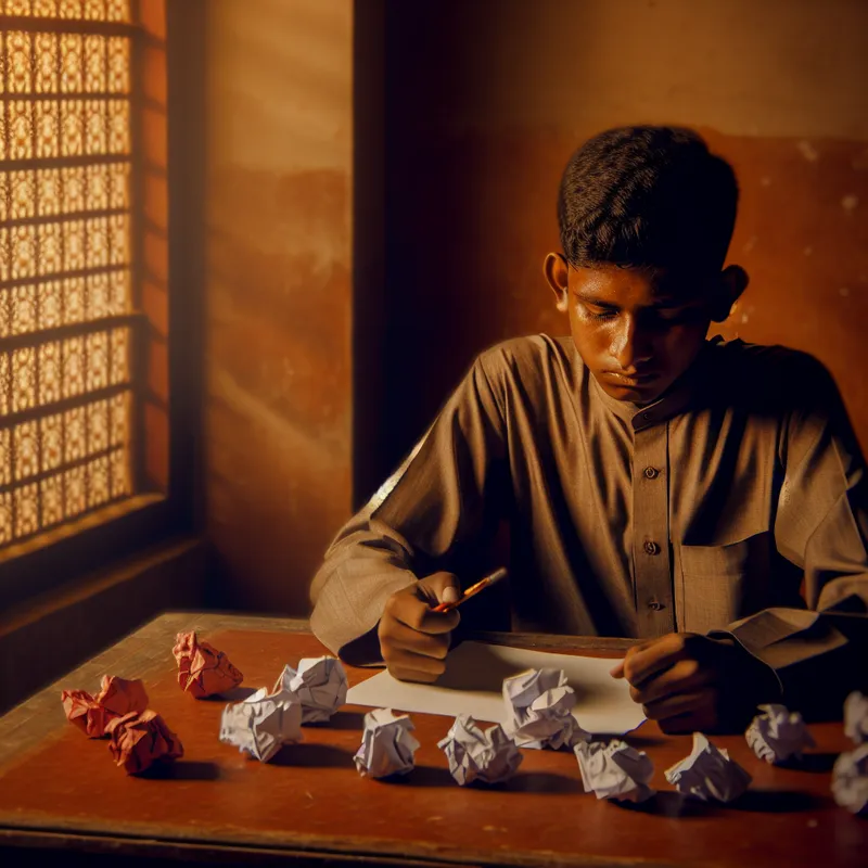 Jonge student achter houten bureau met gedetailleerde uitdrukking van wanhoop, omringd door gekreukte papieren vol negatieve opmerkingen in rode inkt.