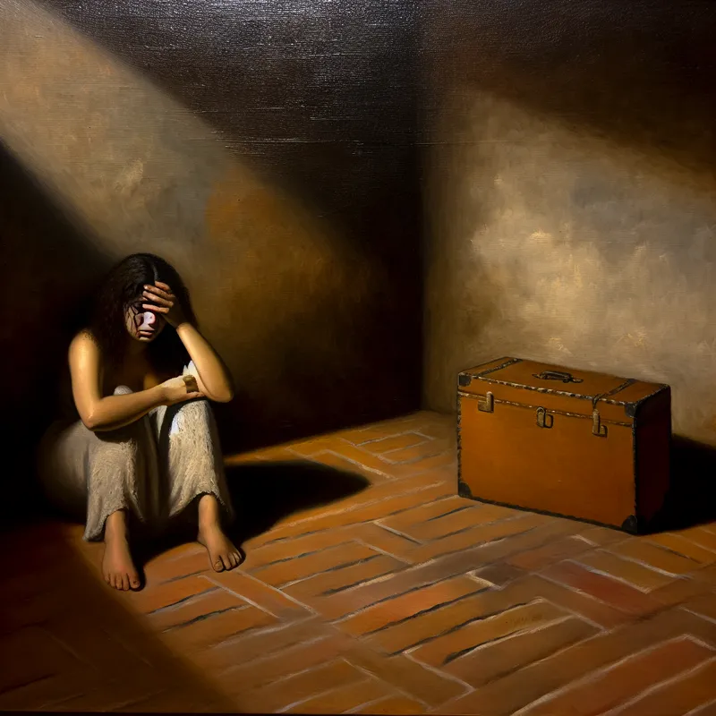 Een jonge vrouw zit alleen op de vloer van een donkere kamer, huilt en verbergt haar gezicht met haar handen, met een open koffer in de hoek.